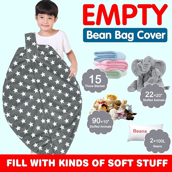 Lukeight Stuffed Animal Storage Bean Bag Chair Cover for Kids, Zipper Beanbag Chair Cover for Organizing Toddler & Kids' Rooms Plush Toys (Stars Gray Velvet, X-Large)