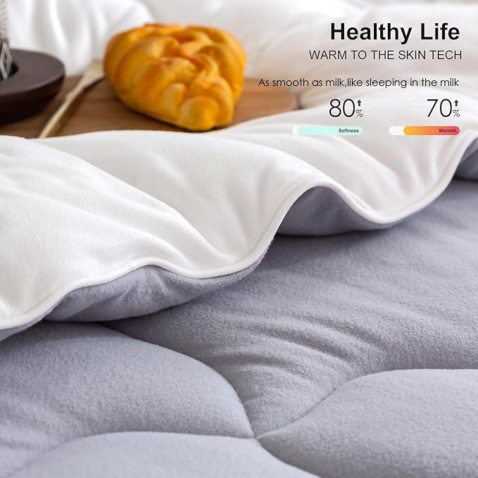 COTTEBED Winter Reversible Queen Bed Comforter Set, Warm Milk Cup Ultra-Soft Breathable Fluffy Cosy Full Size Bedding 1 Down Alternative Comrter & 2 Pillow Sham Winter Use Gray and White