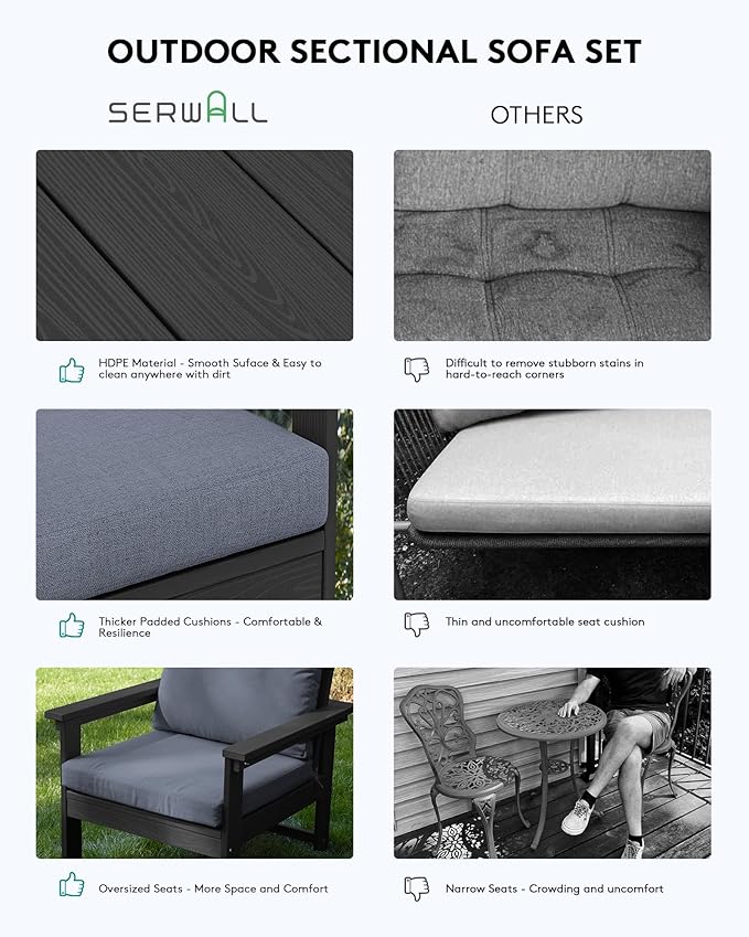 SERWALL HDPE Patio Coversation Set, 7-piece Outdoor Sectional Sofa Set, All Weather Patio Couch Set Patio Furniture for Balcony, Deck, Black Frame with Grey Cushion