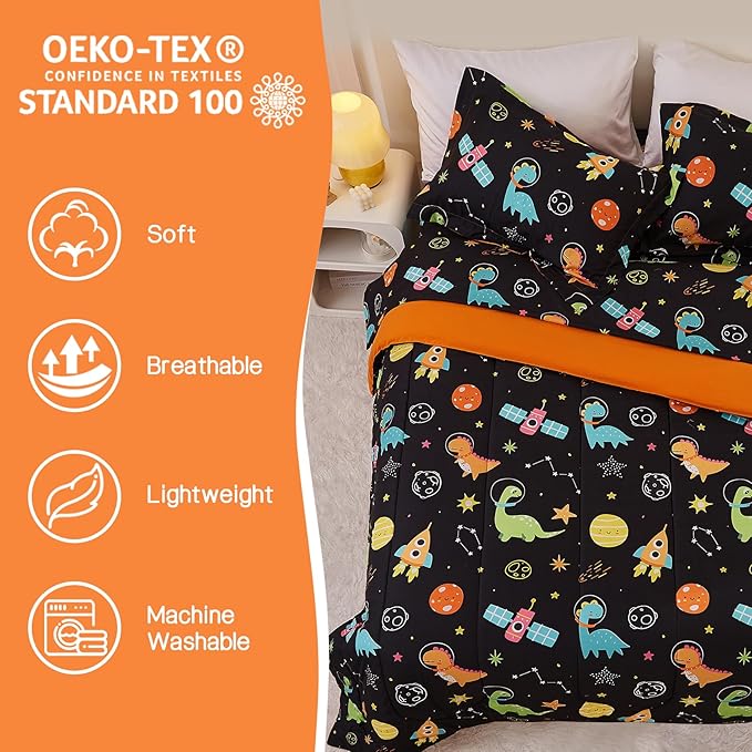 Space Dinosaur Kids Comforter Set for Boys Twin, Cute Reversible Quilted Black Printed Bedding Set with Pillow Sham, Lightweight Soft Breathable Machine Washable Bed Set 2 Piece