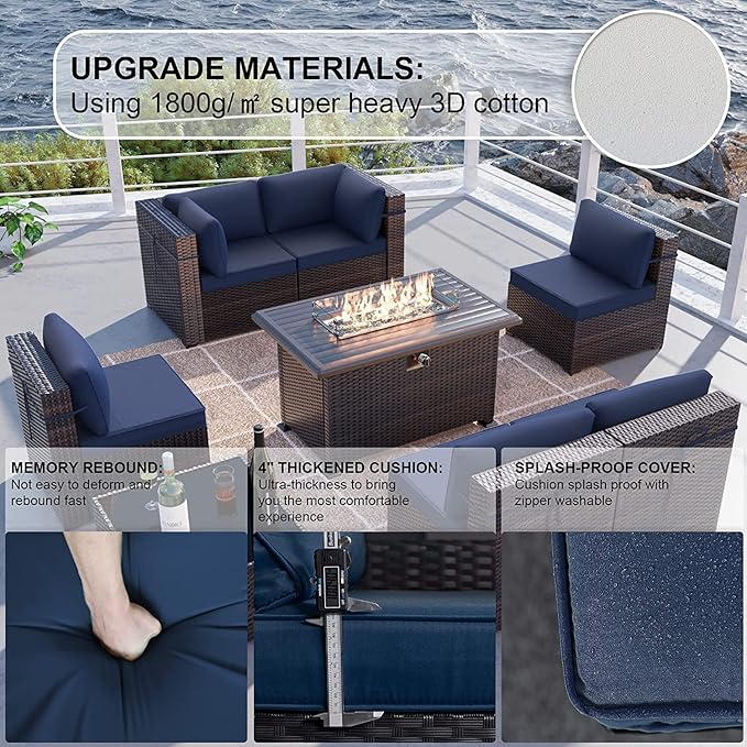 Kullavik 11PCS Outdoor Patio Furniture Set,PE Wicker Rattan Sectional Sofa Patio Conversation Sets with 43" 55000BTU Gas Propane Fire Pit Table,Swivel Rocking Chairs Set,Navy Blue