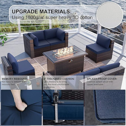 Kullavik 11PCS Outdoor Patio Furniture Set,PE Wicker Rattan Sectional Sofa Patio Conversation Sets with 43" 55000BTU Gas Propane Fire Pit Table,Swivel Rocking Chairs Set,Navy Blue