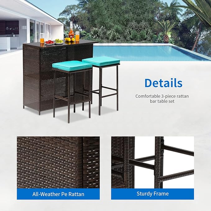 FDW 3PCS Patio Bar Set Outdoor Furniture Set Wicker Bistro Set with Two Stools for Patio Backyard Balcony,Blue Cushion