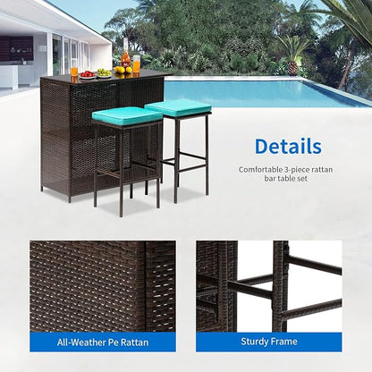 FDW 3PCS Patio Bar Set Outdoor Furniture Set Wicker Bistro Set with Two Stools for Patio Backyard Balcony,Blue Cushion