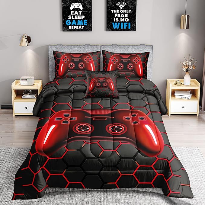 6 Pieces Bed in A Bag Gamer Bedding Set for Boys Kids Adult Gaming Comforters Set,Boys Bed in A Bag Set Full Size Comforter with Fitted Sheet Flat Sheet Pillowcase pillowsham,DJTH5027Full