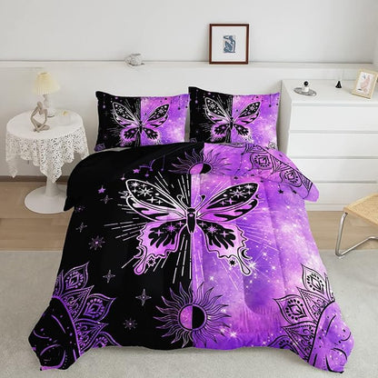 Datura home Black Purple Butterfly Comforter Set for Girls Women,Boho Butterfly Sun and Moon Mandala Printed Bedding Set with 2 Pillowcases(Black Purple Full)