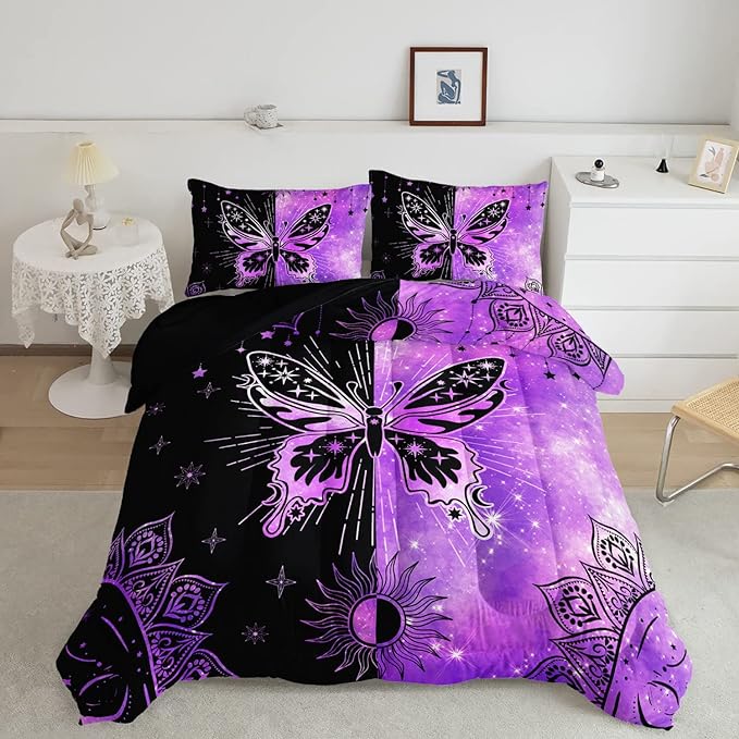 Datura home Black Purple Butterfly Comforter Set for Girls Women,Boho Butterfly Sun and Moon Mandala Printed Bedding Set with 2 Pillowcases(Black Purple Twin)