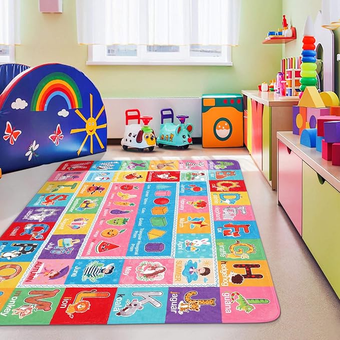 IMIKEYA Play Rugs Playroom Mat with Colorful Pattern, Playtime Collection ABC Alphabet, Seasons, Months, Fruit and Shapes Playmat Educational Rug for Kids Playroom Bedroom, 55 x 43.3 Inch