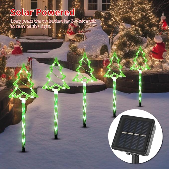 Solar Christmas Pathway Lights Outdoor Decorations, 8 Modes Xmas Tree Candy Lights Waterproof Led Garden Stake Lights for Walkway Yard Lawn Porch Holiday Decor 5-Pack (Green Xmas Tree Lights)