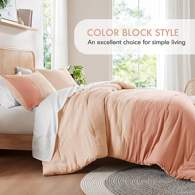 Pink King Size Comforter Set - Modern Farmhouse Soft Comforter Sets for Women, Colorblock Pattern Bed Sets for All Season, 3 Pieces includes 1 Comforter, 2 Shams (104"x 90")