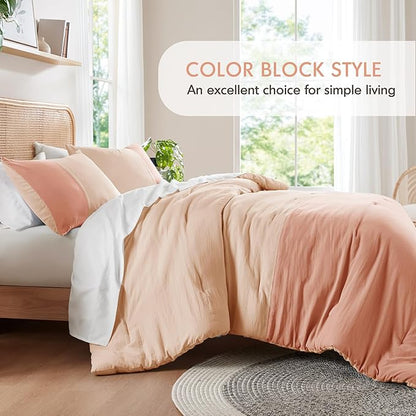 Pink King Size Comforter Set - Modern Farmhouse Soft Comforter Sets for Women, Colorblock Pattern Bed Sets for All Season, 3 Pieces includes 1 Comforter, 2 Shams (104"x 90")