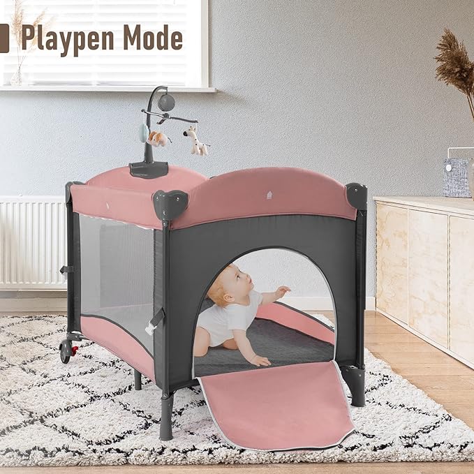 5 in 1 Baby Crib, Bedside Cribs, Pack and Play with Bassinet and Changing Table, Portable Travel Baby Playpen with Toys & Music Box,Mattress for Girl Boy Infant Newborn (Pink)