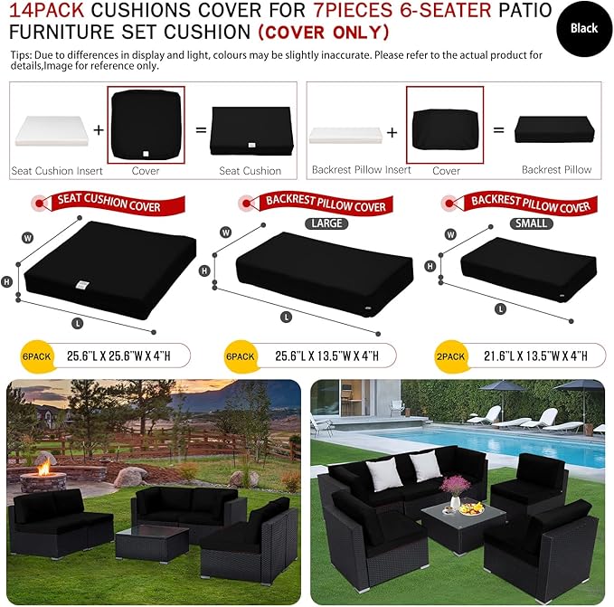 ClawsCover 14Pack Outdoor Patio Seat and Back Cushions Replacement Covers Fit for 7Pieces 6-Seater Wicker Rattan Sectional Couch Chair Furniture Set,Black-Include Cover Only (Large)