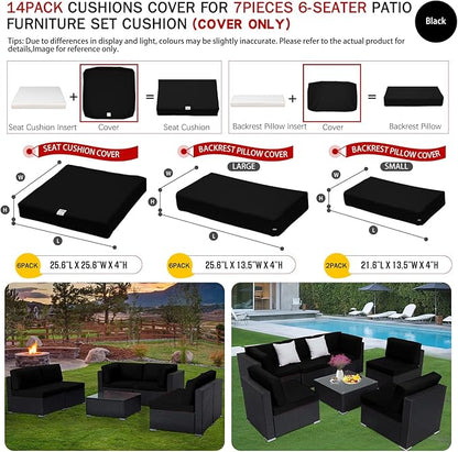 ClawsCover 14Pack Outdoor Patio Seat and Back Cushions Replacement Covers Fit for 7Pieces 6-Seater Wicker Rattan Sectional Couch Chair Furniture Set,Black-Include Cover Only (Large)