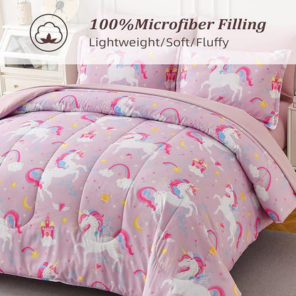 Queen Comforter Set for Girls, 7 Pieces Bed in a Bag with Shams, Sheet Set, Pink Unicorn Double Soft Microfiber Kids Comforter Bedding Set