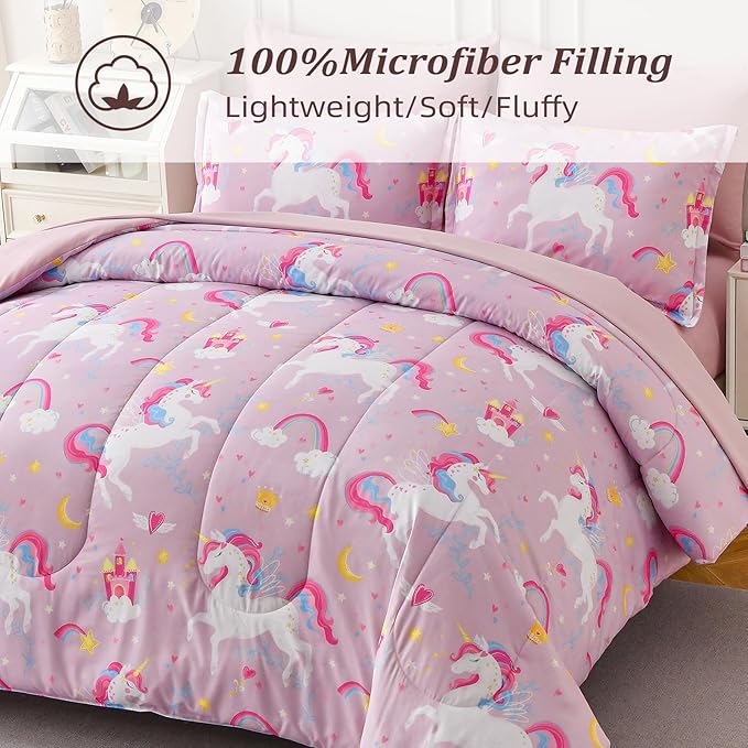 Kids Comforter Twin Bedding Sets for Girls, 6 Pieces Bed in a Bag with Shams, Sheet Set, Pink Unicorn Double Soft Microfiber Kids Comforter Bedding Set
