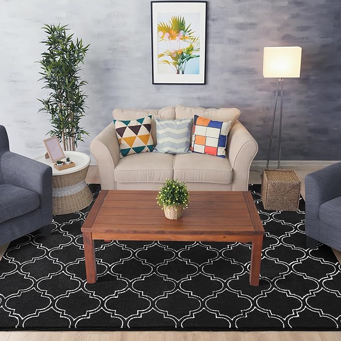 Chicrug Shag Geometric Modern Area Rug for Living Room, 3x5 Feet Large Memory Foam Indoor Carpet, Fluffy Rug for Bedroom Bedside Room Decor for Family Girls Kids Nursery, Black/White