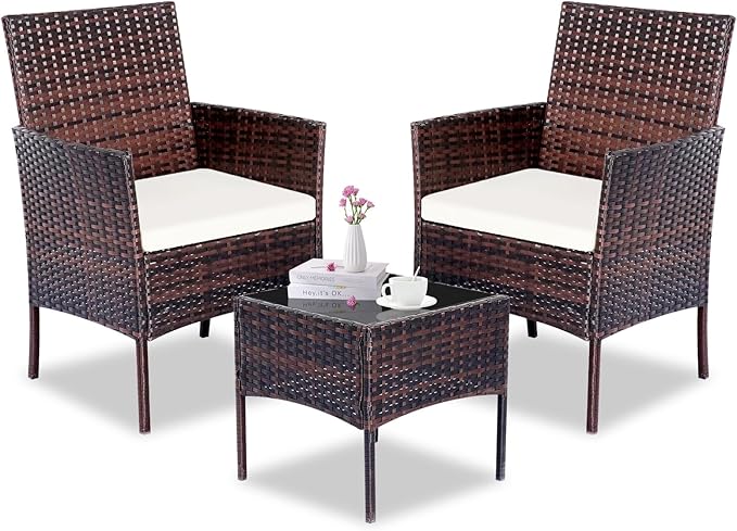 Patio Furniture Set 3 Pieces All-Weather Rattan Outdoor Furniture Patio Chairs with Tempered Glass Table for Porch Bistro Balcony Bistro Set(Brown/Beige-2)