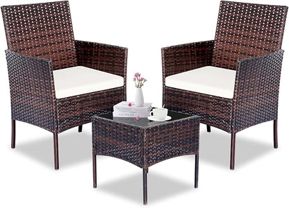 Patio Furniture Set 3 Pieces All-Weather Rattan Outdoor Furniture Patio Chairs with Tempered Glass Table for Porch Bistro Balcony Bistro Set(Brown/Beige-2)