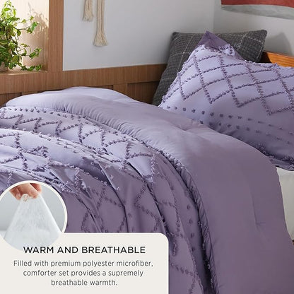 Bedsure Twin/Twin XL Comforter Set - Grayish Purple Boho Twin Extra Long Comforter Set for College, Shabby Chic Dorm Bedding Set, 2 Pieces Modern Farmhouse Bed Set, includes 1 Pillow Sham