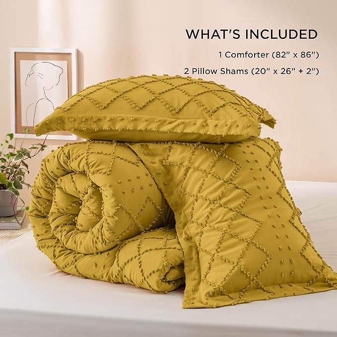 Bedsure Full Size Comforter Set - Mustard Yellow Comforter, Boho Tufted Shabby Chic Bedding Comforter Set, 3 Pieces Farmhouse Bed Set for All Seasons, Fluffy Soft Bedding Set with 2 Pillow Shams