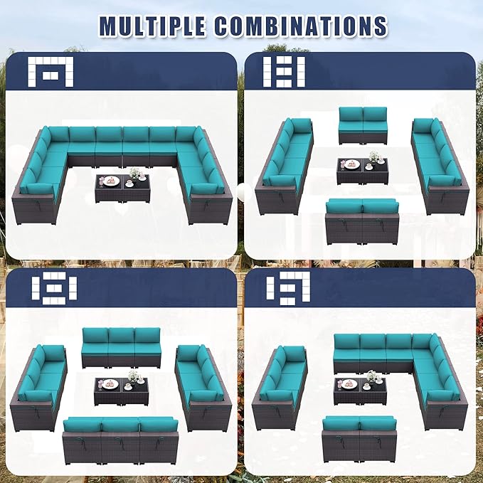 Patio Furniture Set 14-Pieces Outdoor Furniture for Backyard Wicker Sectional Sofa Set, Rattan Patio Conversation Set with Thickened Cushions and Glass Coffee Table, Blue