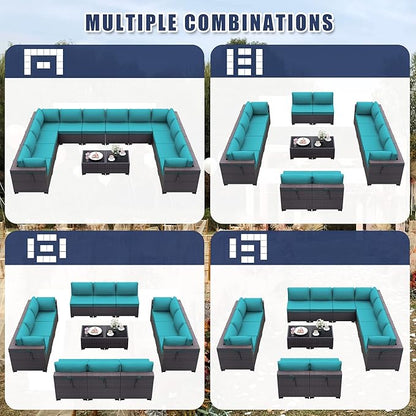 Patio Furniture Set 14-Pieces Outdoor Furniture for Backyard Wicker Sectional Sofa Set, Rattan Patio Conversation Set with Thickened Cushions and Glass Coffee Table, Blue