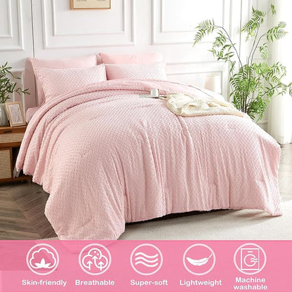 Queen Size Tufted Kids Comforter Set 7 Piece Pink Jacquard Tufts Embroidery Bedding Set for Boys Girls Bed in A Bag Quilt with 1 Comforter, 1 Flat Sheet, 1 Fitted Sheet, 2 Pillowcase and 2 Pillow Sham
