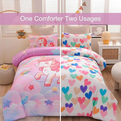 Aimuan Girls Unicorn Comforter Set 3 Pieces Pink Purple Bedding Set with Rainbow Star Galaxy Stars Fantasy Children Room Decor Soft Reversible Bed Sets for Boys/Girls/Teens (Pink Full3Pcs)
