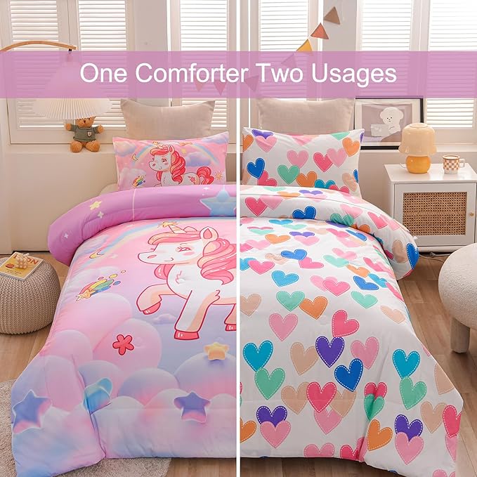 Aimuan Girls Unicorn Comforter Set 3 Pieces Pink Purple Bedding Set with Rainbow Star Galaxy Stars Fantasy Children Room Decor Soft Reversible Bed Sets for Boys/Girls/Teens (Pink Twin3Pcs)