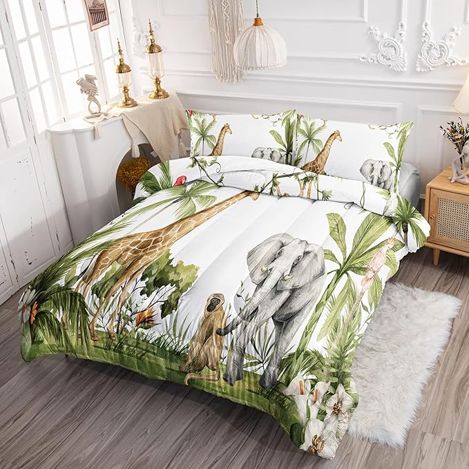 Elephant Giraffe Monkeys Comforter Full Size,Wild Animals Kids Comforter Set,3Pcs Bedding Set Printed Comforter with 2 Pillowcases,Down Alternative,Soft and Lightweight,for All Seasons