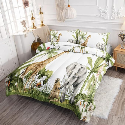 Elephant Giraffe Monkeys Comforter Queen Size,Wild Animals Kids Comforter Set,3Pcs Bedding Set Printed Comforter with 2 Pillowcases,Down Alternative,Soft and Lightweight,for All Seasons