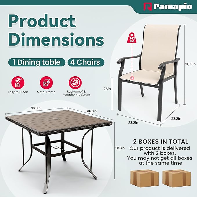 Pamapic 5 Pieces Patio Dining Set, Outdoor Table and Chairs for Garden Backyard Poolside Deck,Outdoor Furniture Set with Square Plastic-Wood Table Top,4 Textilene Chairs,Beige