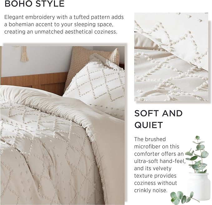 Bedsure Twin XL Comforter Set - Beige Twin Extra Long Comforter Set for College, Shabby Chic Dorm Bedding Set, 2 Pieces Boho Farmhouse Bed Set, includes 1 Pillow Sham