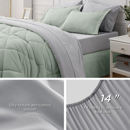 Bedsure Sage Green Full Comforter Set - 7 Pieces Reversible Bed Set Sage Green Bed in a Bag Full with Comforters, Sheets, Pillowcases & Shams, Full Bedding Sets