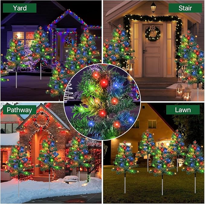 Outdoor Christmas Decorations 6-Pack Solar Christmas Tree with 8 Lighting Modes 120 Multi-Color Lights for House Outside Pathway Yard Garden Walkway Lawn Patio Front Porch Door