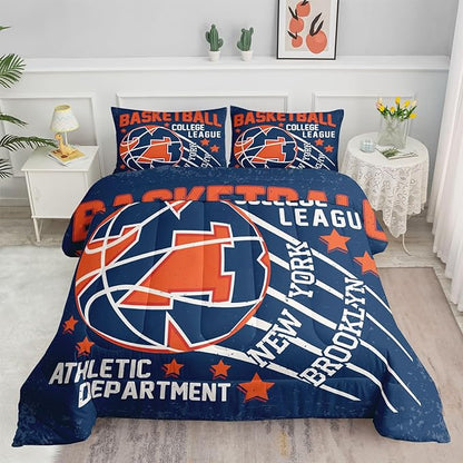Datura home Basketball Comforter Sets for Boys Kids,Orange Blue Theme Basketball Championship American Style,Duvet 3Pcs in Quilt Sets with 1 Comforter and 2 Pillowcases(Orange Twin)