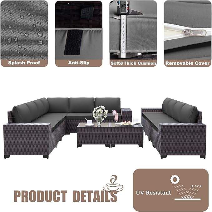 Patio Furniture Set Sofa 12-Pieces Wicker Sectional Sofa Set, Outdoor Furniture Rattan Patio Conversation Set with Thickened Cushions and Glass Coffee Table, Grey