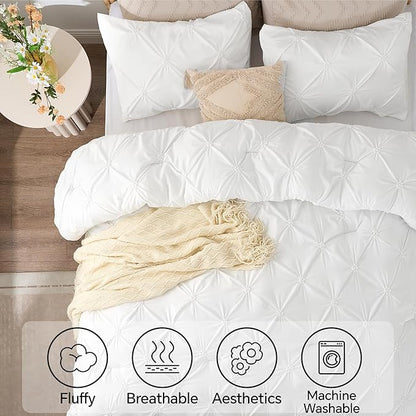 BEDELITE White King Size Comforter Set - 3 Pieces Boho Pintuck Bedding Comforter Sets, Lightweight Soft & Warm King Bedding Set with 2 Pillowcases for All Season