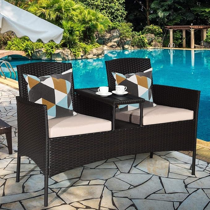 LUARANE Outdoor Rattan Sofas, Contract Patio Conversation Set Wicker Sofa Set with Built-in Coffee Table, Patio Furniture Set with Cushions, Rattan Loveseat for Lawn Backyard Garden (Brown+Beige)