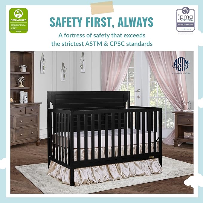 Cape Cod 5-In-1 Convertible Crib In Black, Greenguard Gold And JPMA Certified, Built Of Sustainable New Zealand Pinewood, 3 Mattress Height Positions