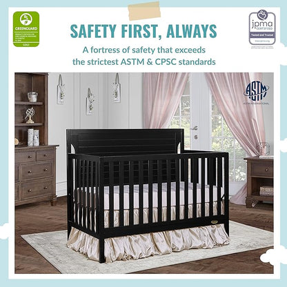 Cape Cod 5-In-1 Convertible Crib In Black, Greenguard Gold And JPMA Certified, Built Of Sustainable New Zealand Pinewood, 3 Mattress Height Positions