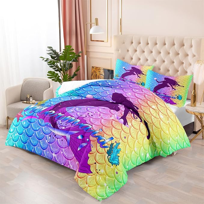 Pink Mermaid Comforter Set Full 3 Piece Fish Scale Patterns Printed Full Comforter Sets for Girls All Season Ultra Soft MIcrofiber Mermaid Bed Set Quilted Duvet with 2 Pillowcases, Full Size