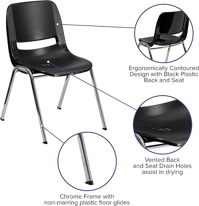 Flash Furniture HERCULES Series 661 lb. Capacity Black Ergonomic Shell Stack Chair with Chrome Frame and 16'' Seat Height