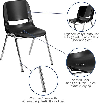 Flash Furniture HERCULES Series 661 lb. Capacity Black Ergonomic Shell Stack Chair with Chrome Frame and 16'' Seat Height