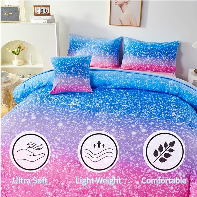 RYNGHIPY 6Pcs Sparkle Gradient Glitter Comforter Sets, Ombre Indigo Pink Gradient Bedding Set for Boys Girls, Rainbow Bed in A Bag Queen Size