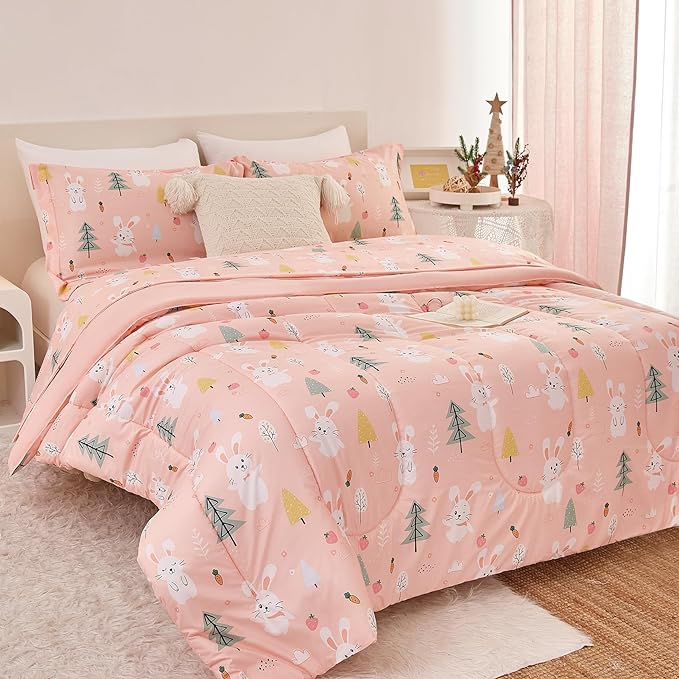 Pink Bunny Kids Comforter Set for Girls Twin, Cute Reversible Quilted Printed Woodland Bedding Set with Pillow Sham, Lightweight Soft Breathable Machine Washable Bed Set 2 Piece