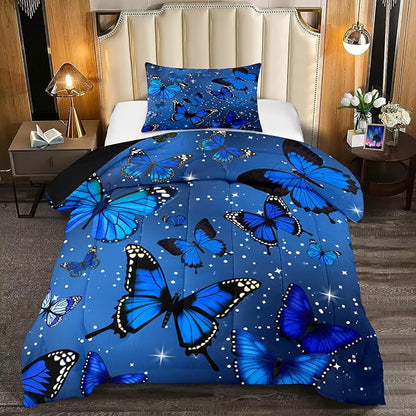 Blue Butterfly Comforter, Butterfly Bedding Set for Girls, Blue Butterflies with Sky Stars Prints Comforter Set for Women Girls Butterfly Bedding Twin Size Quilt Set, 1 Comforter + 1 Pillowcase