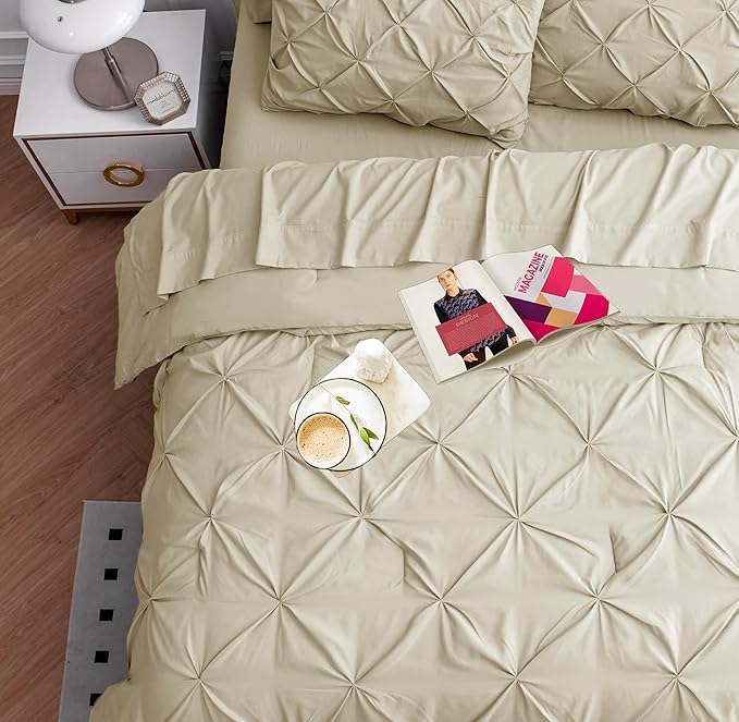 LANE LINEN Twin Comforter Set, 5 Piece Twin Size Bed in a Bag Sets, Pintuck Bedding Sets & Collections with Down Alternative Comforter, Sheets, Pillowcases & Shams, Ultra Soft Twin Bed Set - Linen