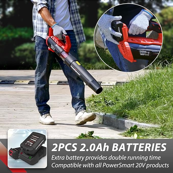 PowerSmart 20V Cordless Leaf Blower with 2 Batteries and Charger, Blowers for Lawn Care, Snow Blowing & Yard Cleaning